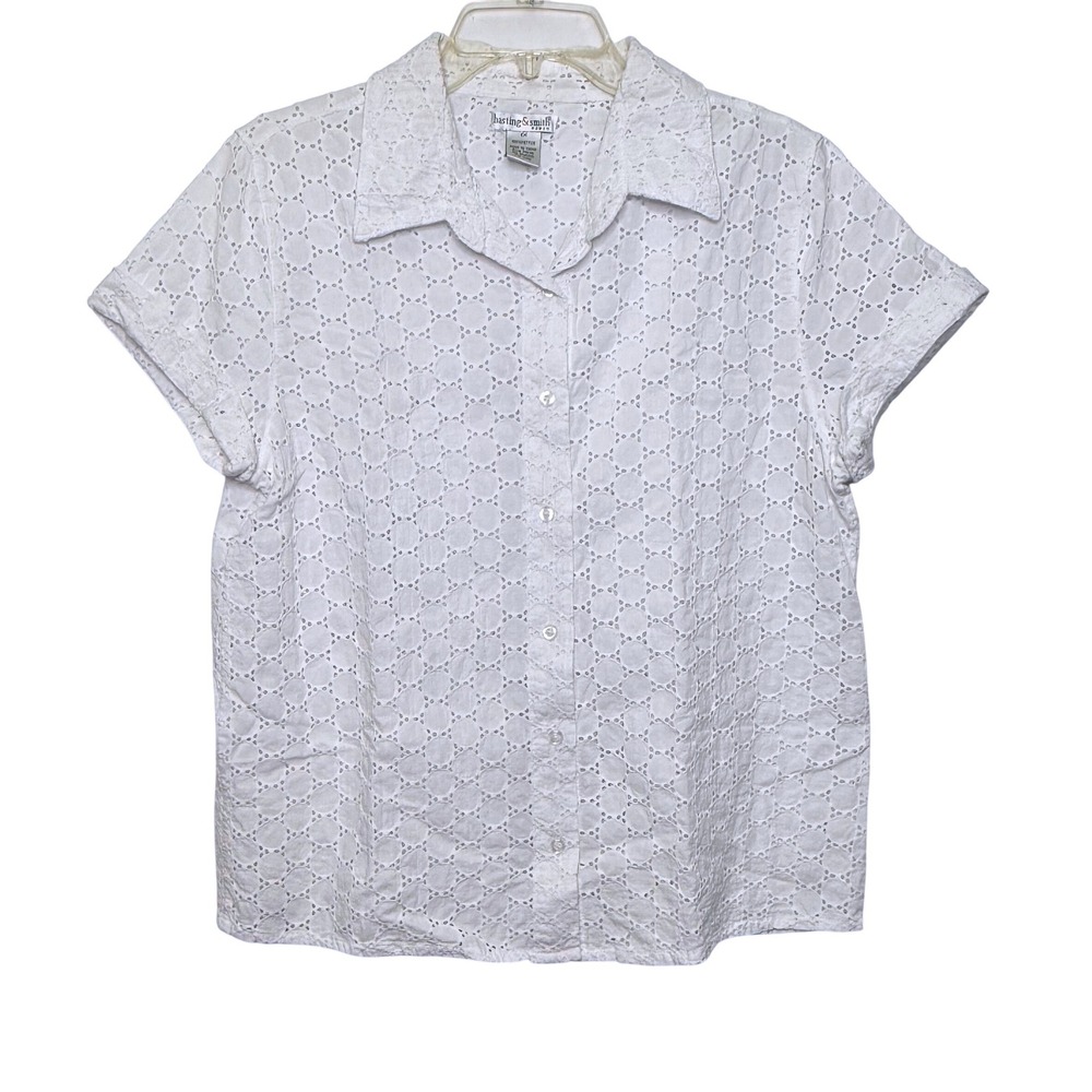 Hasting & Smith Eyelet Button Down 1X White Short Sleeve Cotton Cottage Coastal